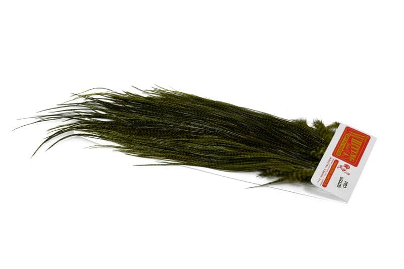 Whiting Pro Grade Midge Saddle Grizzly dyed Dark Olive view 2